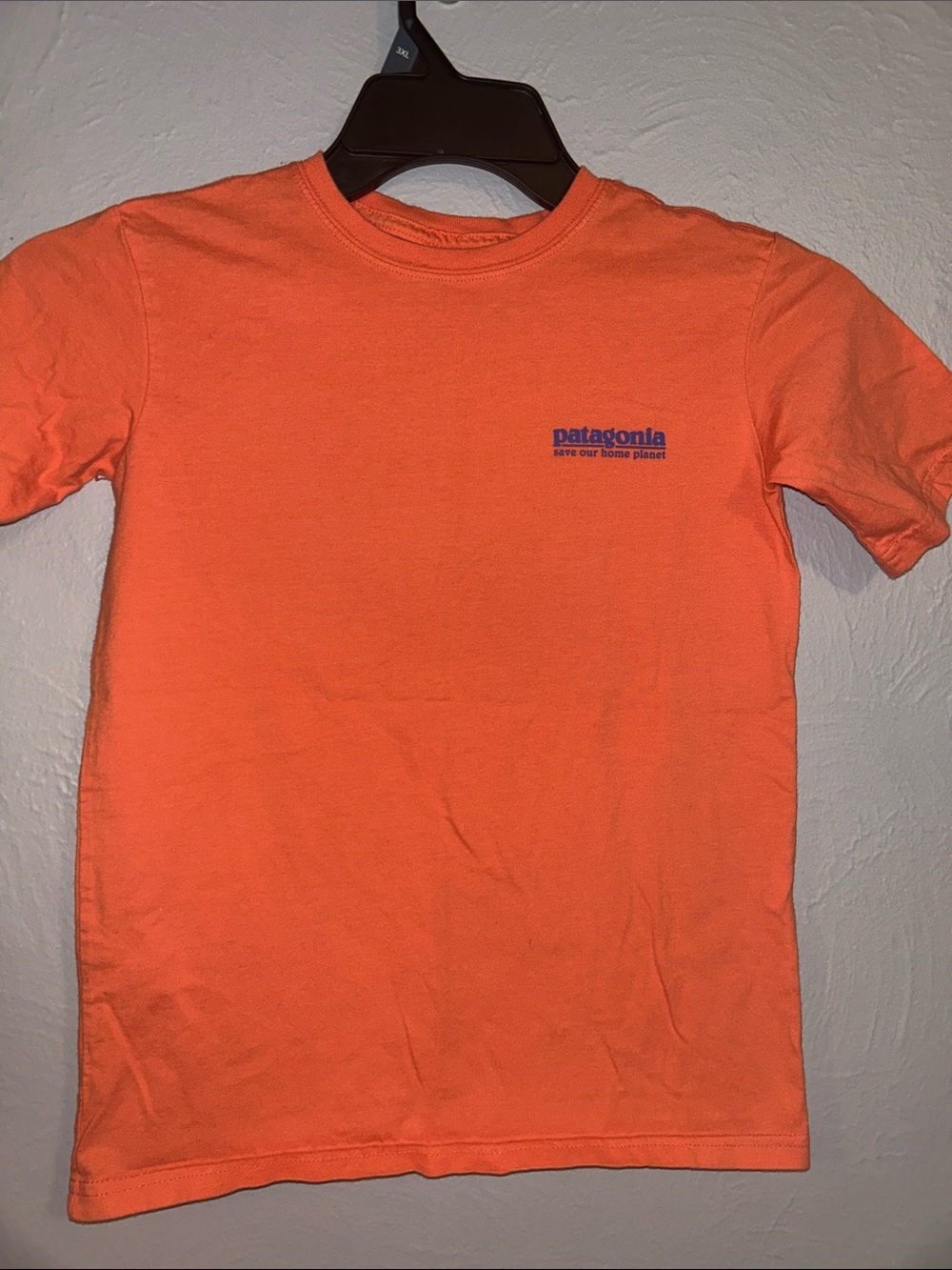 Patagonia Orange Short-Sleeve Logo Tee with Blue Chest Print